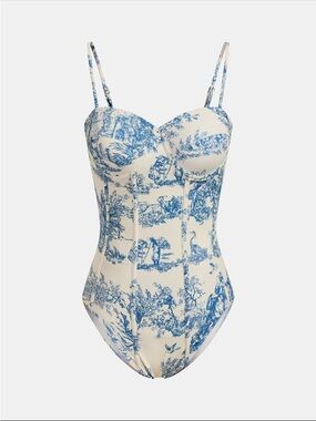 Commense Blue Toile Print One-Piece Swimsuit - Large
